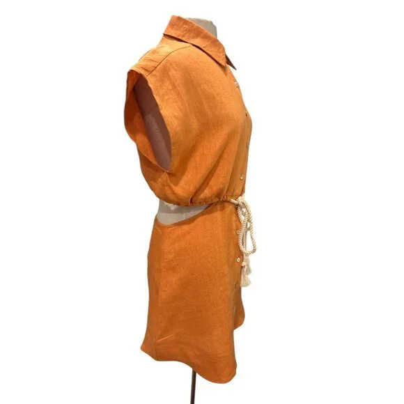 Hevron 100% Linen Cutout Shirt Dress Size S Fits US 8–10 Orange Midi - Picture 6 of 11